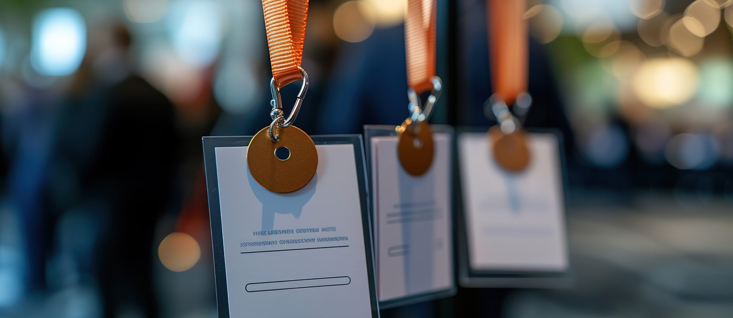 Close-up view of event name tags attached to orange lanyards against a blurred conference background.